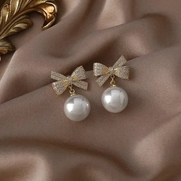 Gold Pearl Bow Earrings - Picture 6 of 6